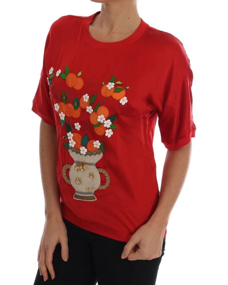 Dolce & Gabbana Women's Red Silk Orange Vase Crystal Top Cotton Red