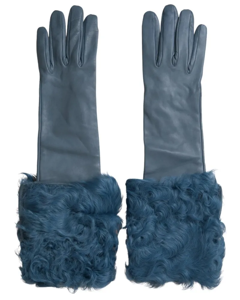 Dolce & Gabbana Women's Blue Leather Fur Mid Arm Length Gloves Blue