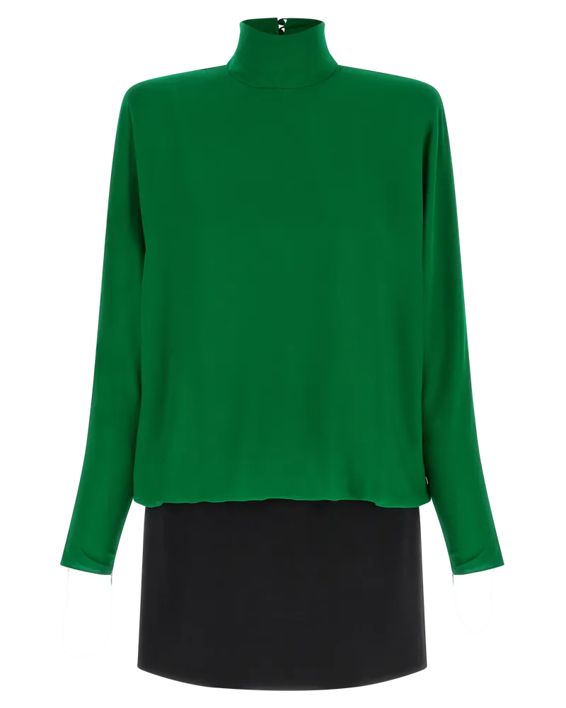 Valentino Garavani Feather-Trimmed Silk Bicolor Dress — Green Green