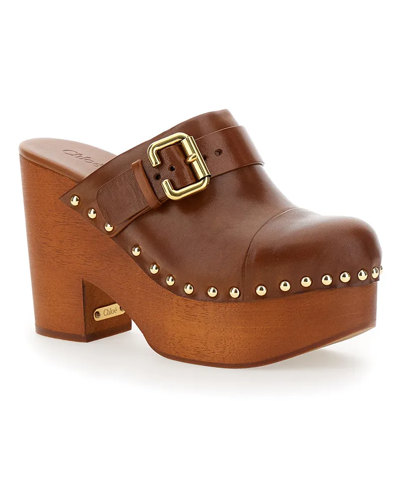 Chloé Women's Wedge Clogs Jeanette Brown Leather Calfskin Shoe Brown