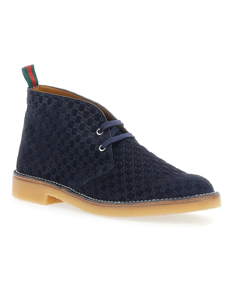 Gucci Men's Blue Ankle Boots With Web Detail Calf Blue