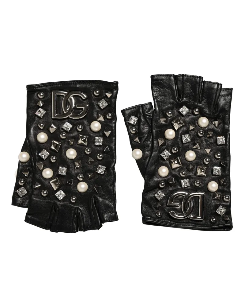 Dolce & Gabbana Women's Black Pearl Embellished Wrist Length Gloves Lamb Leather Black