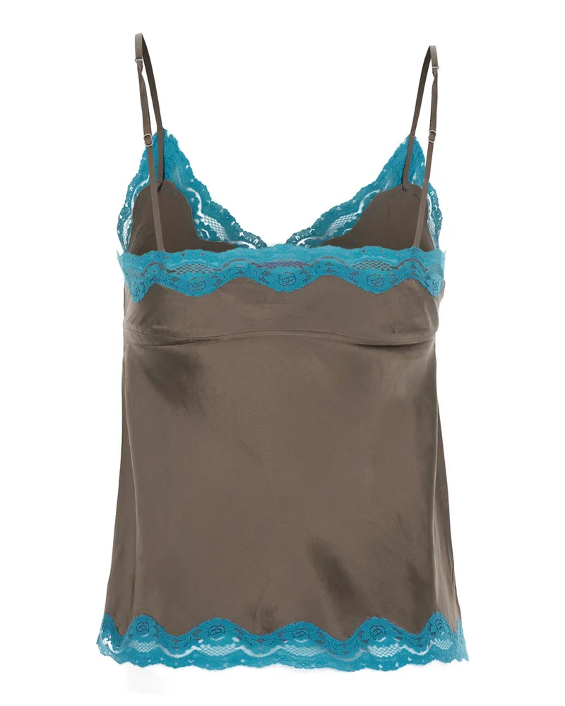Gold Hawk Clothing Women's V-Neck Asymmetrical Spaghetti Strap Top Brown Silk Tops Brown