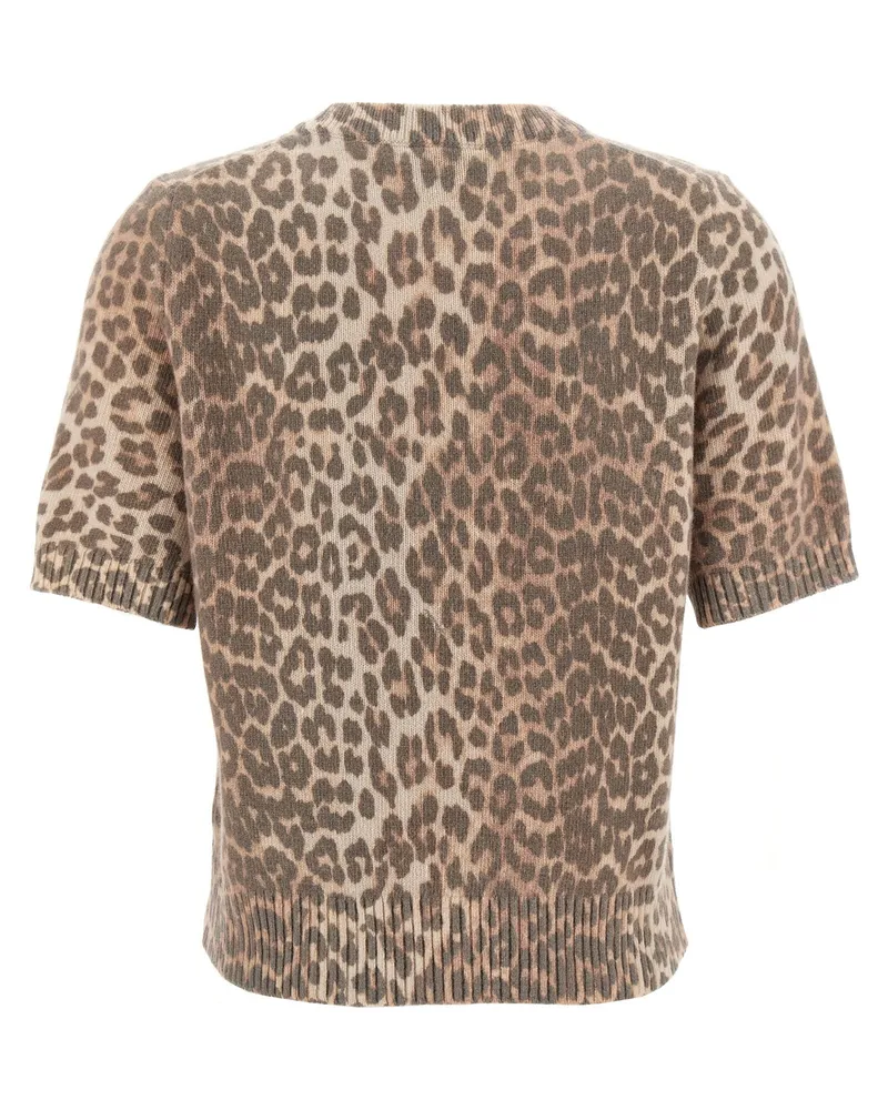 Ganni Leopard Jacquard Wool Mix T-Shirt — Beige Beige