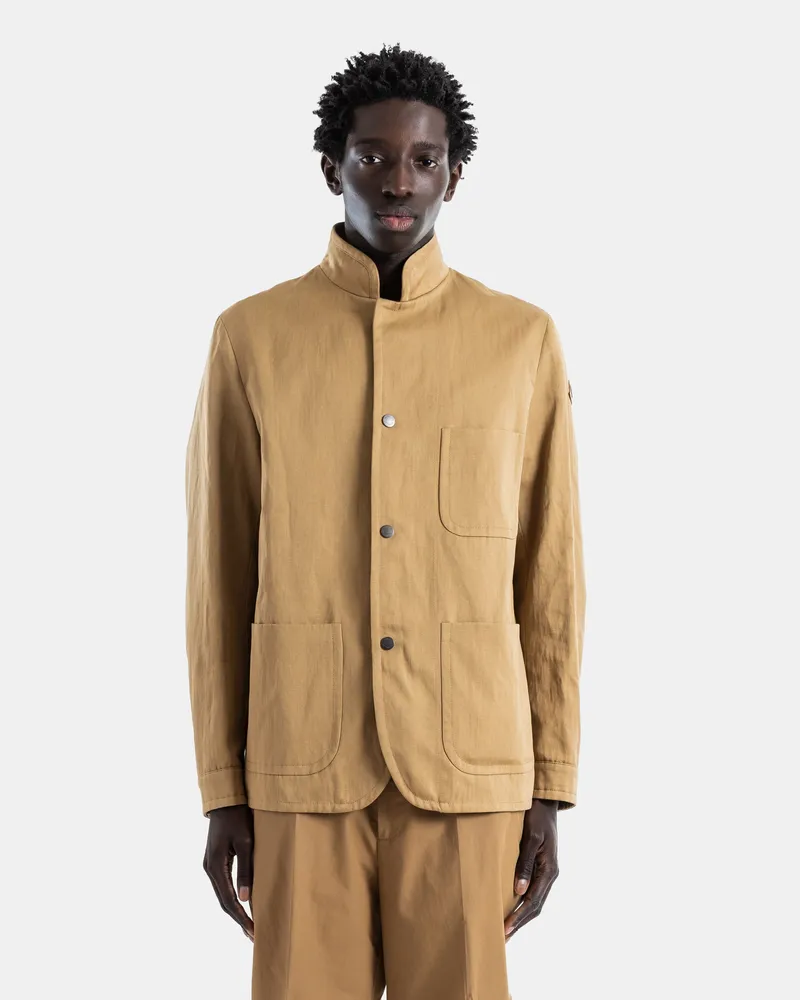 Moncler Men's Jouere Camel Cotton Linen Mao Collar Shirt Jacket Camel