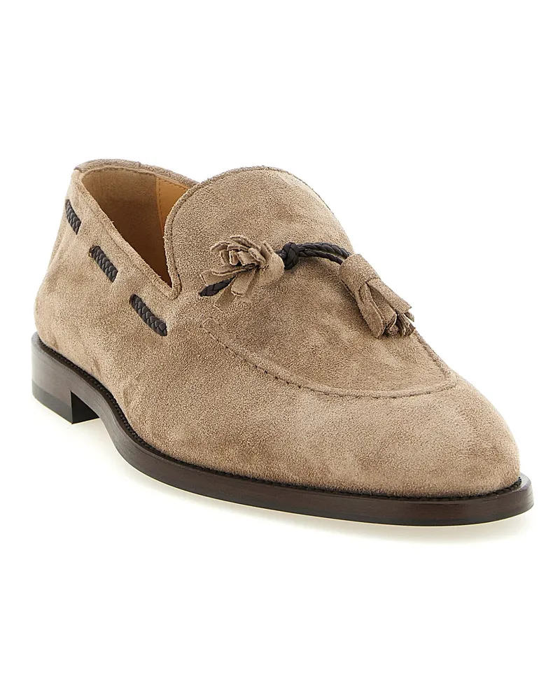 Brunello Cucinelli Suede Tapered Moccasins — Beige Beige