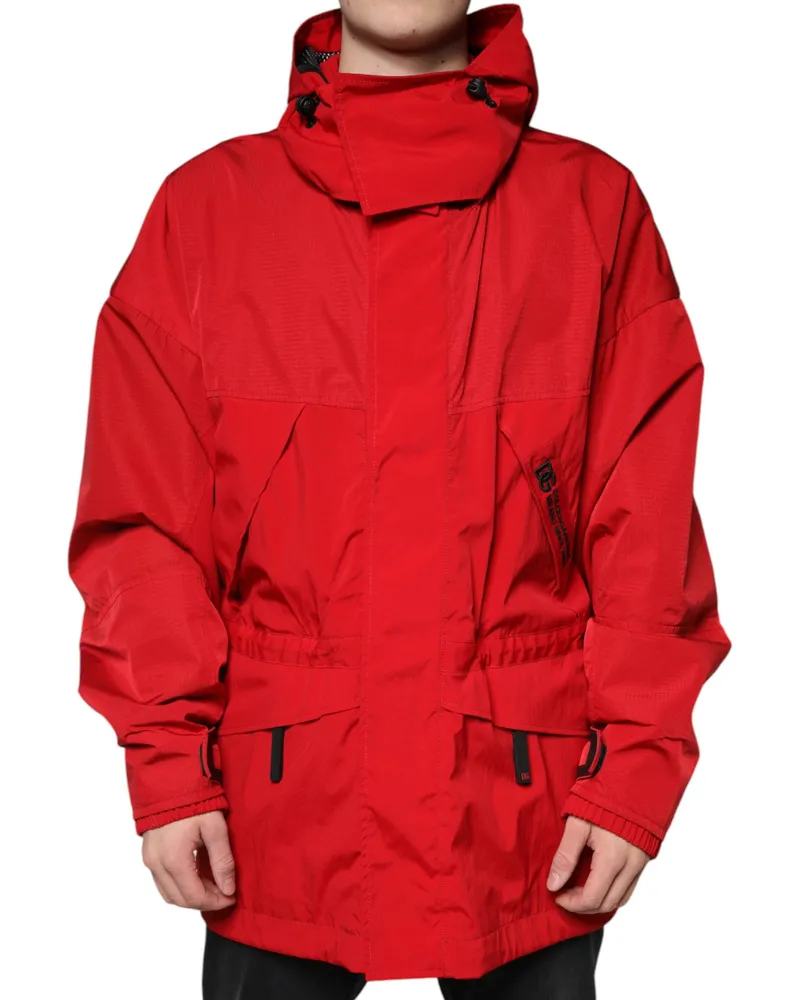 Dolce & Gabbana Red Nylon Hooded Men Full Zip Parka Jacket Elastane Clothing Red