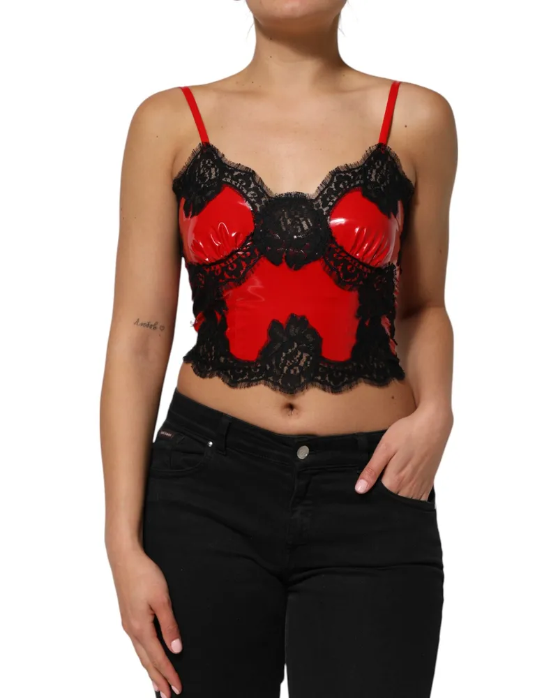 Dolce & Gabbana Women Red Black Lace Trim Polyester Sleeveless Tank Top And Red