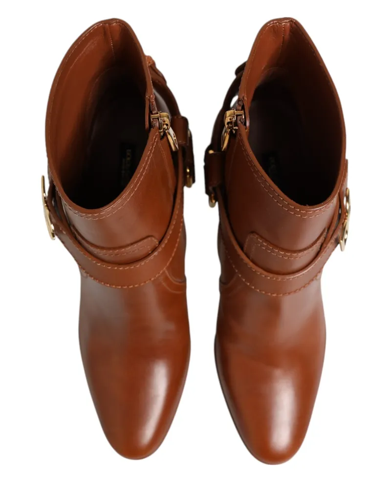 Dolce & Gabbana Women's Brown Leather Dg Logo Buckle Ankle Boots Shoes Calf Brown