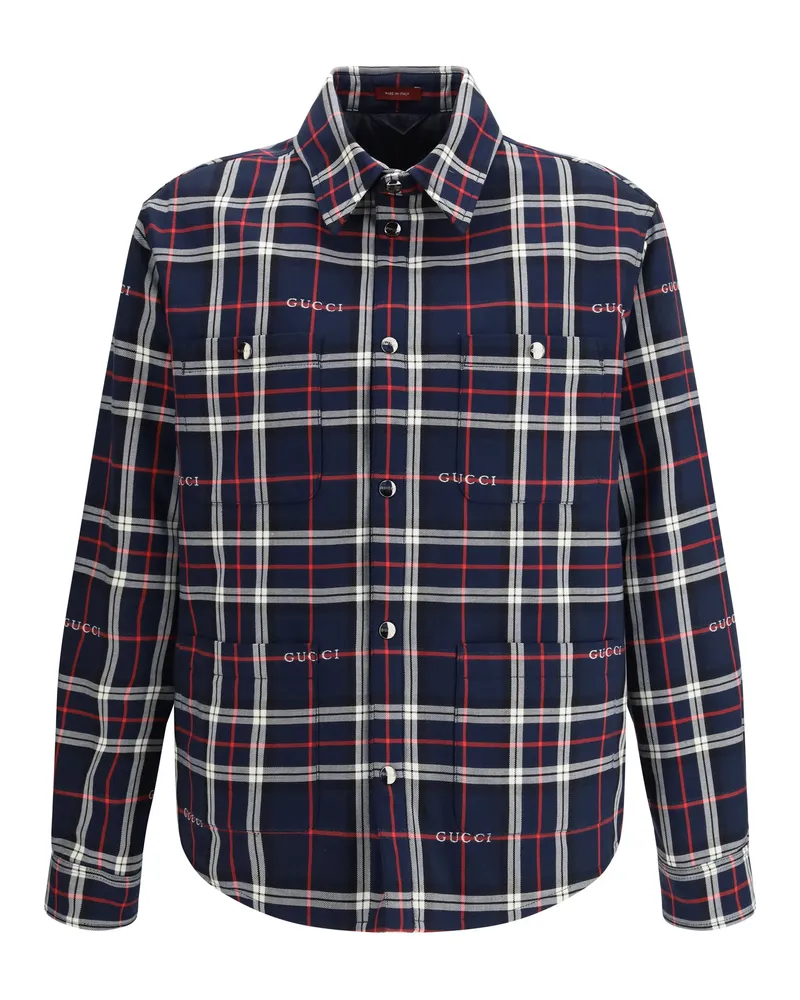 Gucci Tartan Cotton Quilted Shirt Jacket — Navy Navy