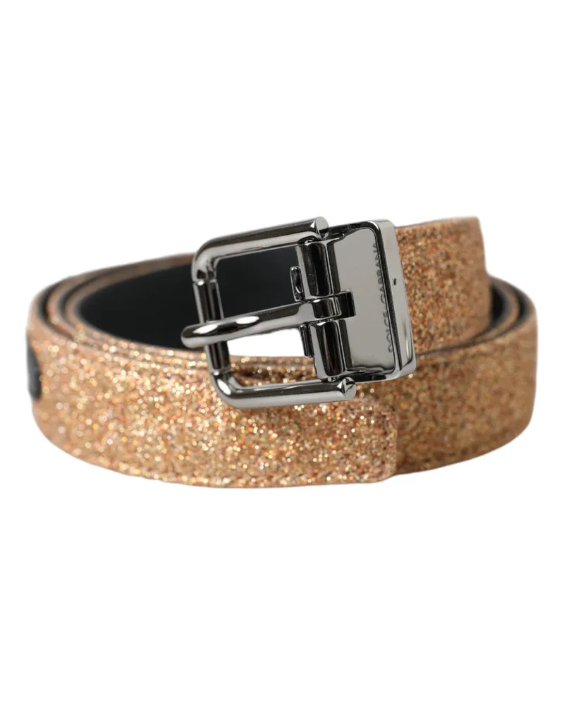 Dolce & Gabbana Women's Gold Glitter Leather Silver Metal Buckle Belt Gold