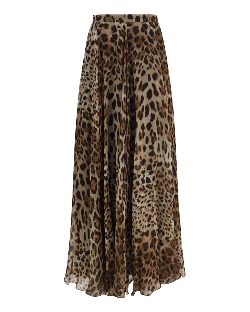 Dolce & Gabbana Women's Skirt Leopard-Print Chiffon Brown Silk Trousers Brown