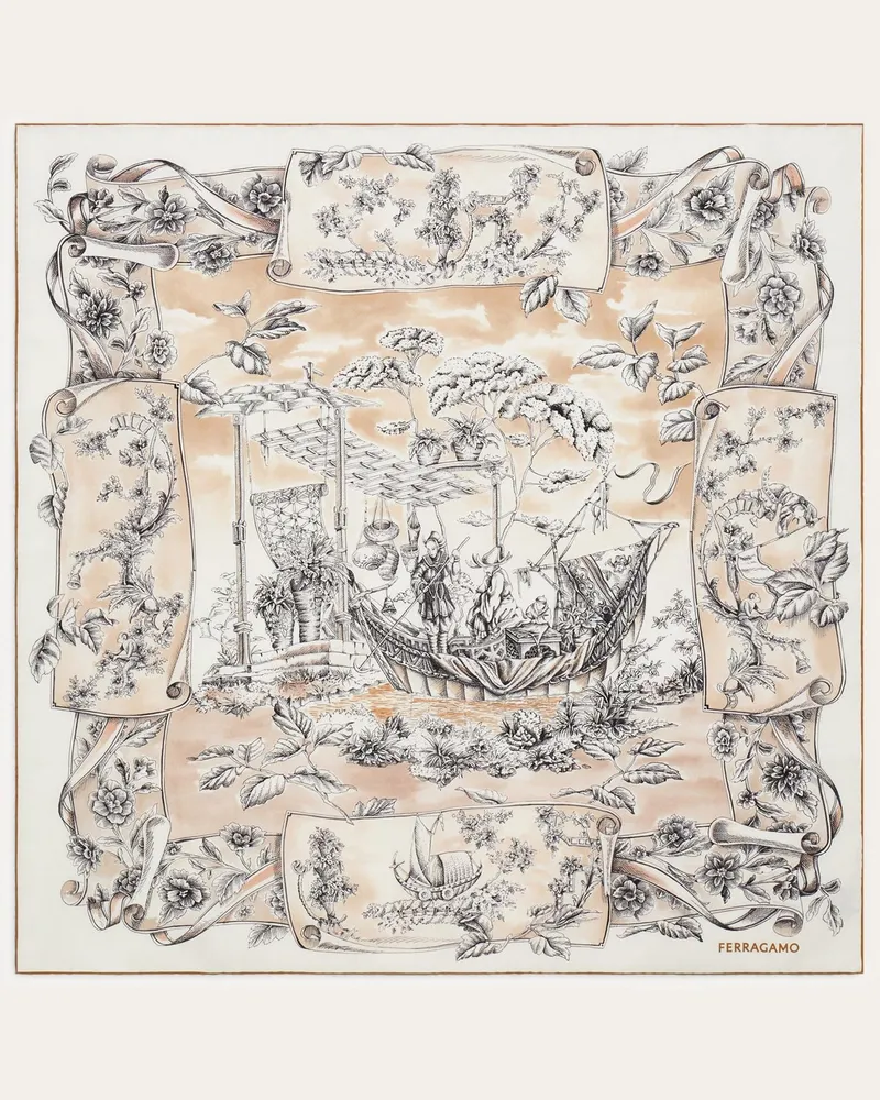 Ferragamo Women's Silk Scarf Voyage Print Beige Scarfs Beige