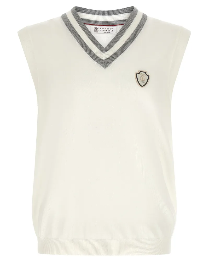 Brunello Cucinelli Logo-Patch Cotton Knit Vest — Cream Cream