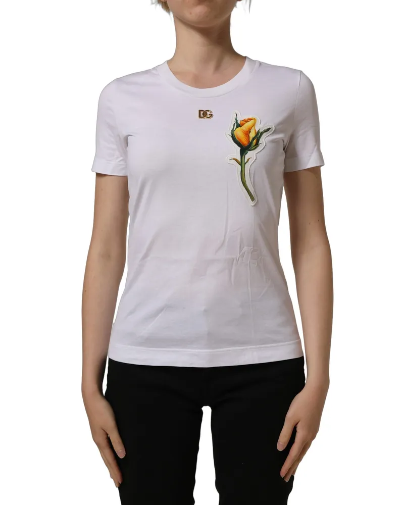 Dolce & Gabbana Women White Cotton Rose Patch Crew Neck T-Shirt White