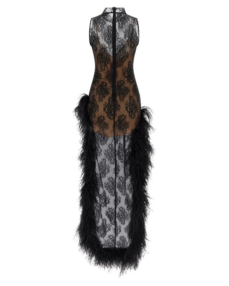 Giuseppe di Morabito Lace and Feather Train Dress — Black Black