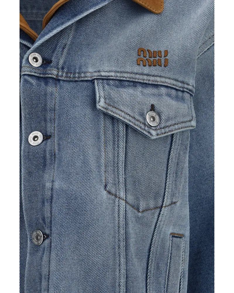 Miu Miu Women's Washed Denim And Suede Jacket Light Blue Cotton Blue