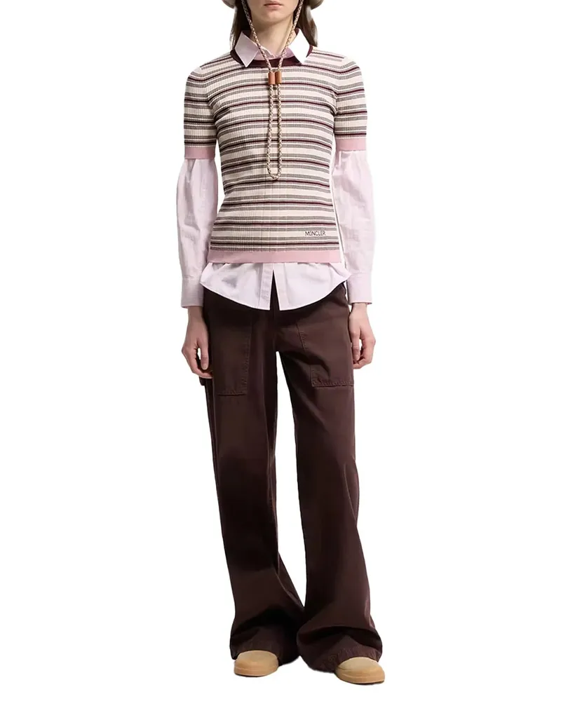 Moncler Striped Rib Knit T-Shirt — Beige Beige