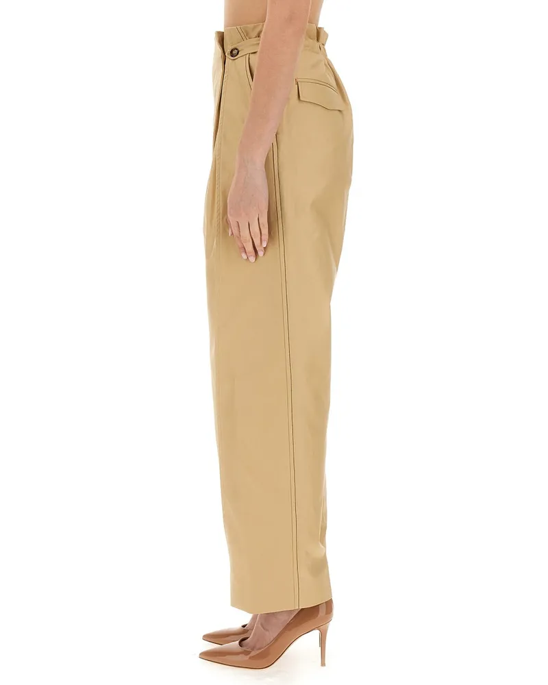 Victoria Beckham Gathered Waist Cotton Trousers — Beige Beige