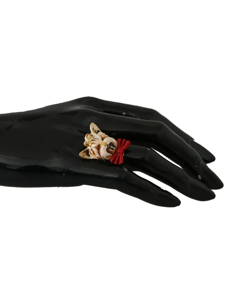 Dolce & Gabbana Women's Beige Dog Pet Branded Accessory Gold Brass Resin Ring Gold