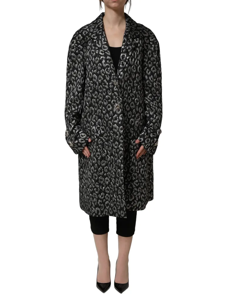 Dolce & Gabbana Women's Black Silver Jacquard Leopard Coat Jacket Polyester Acrylic Wool Clothing Black