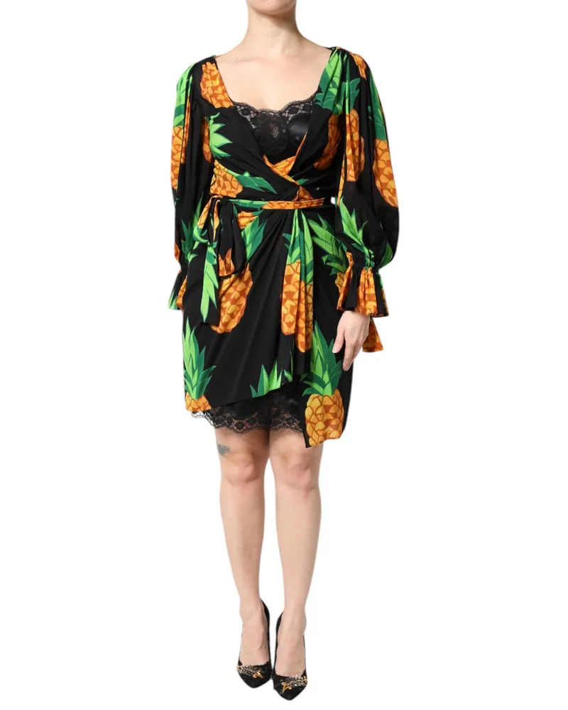 Dolce & Gabbana Women Black Silk Pineapple Draped Print Wrap Dress Elastane Black
