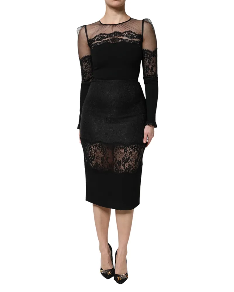 Dolce & Gabbana Lace-Trim Nylon Tulle Sheath Dress — Black Black