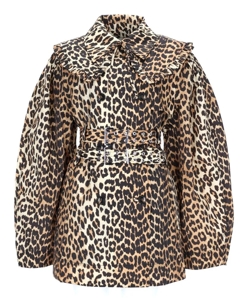 Ganni Leopard Print Recycled Polyamide Trench Coat — Multicolor Multicolor