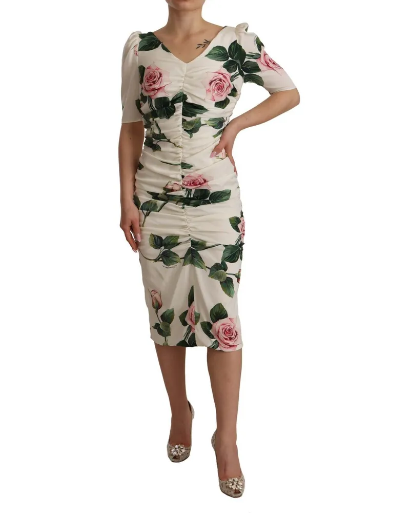 Dolce & Gabbana Women White Roses Print Stretch Silk Pleated Dress White