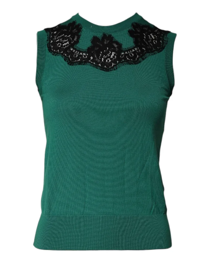 Dolce & Gabbana Women's Green Wool Lace Detail Sleeveless Tank Top Virgin Cotton Nylon Green