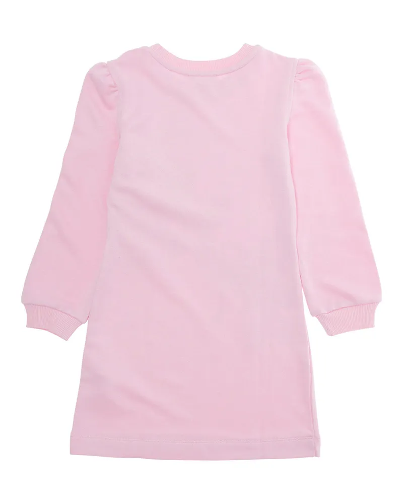 Monnalisa Girls' Pink Crew Neck Dress With Stitch Print Cotton Pink