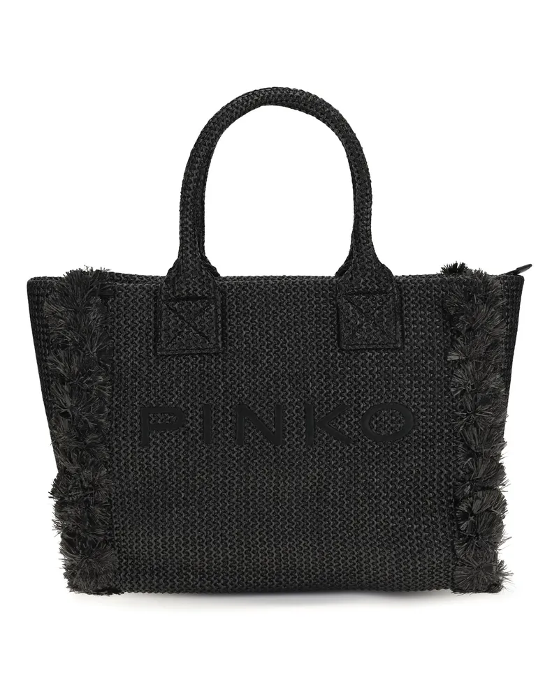 Pinko Raffia with Embroidered Logo Tote Bag — Black Black