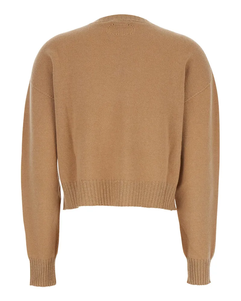 Twin-Set Women Beige Crew Neck Sweater With Ribbed Details Wool Tops Top Beige