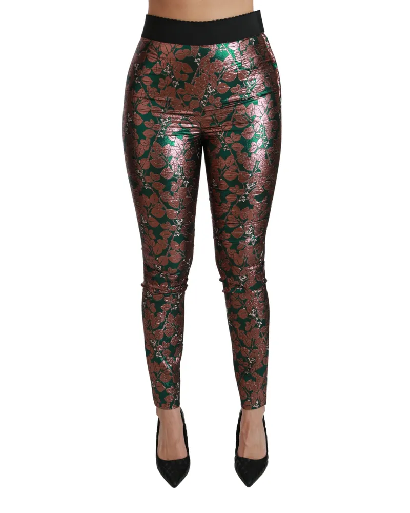 Dolce & Gabbana Women Green Bronze Leaf Tights Skinny Pants Polyester Bronze