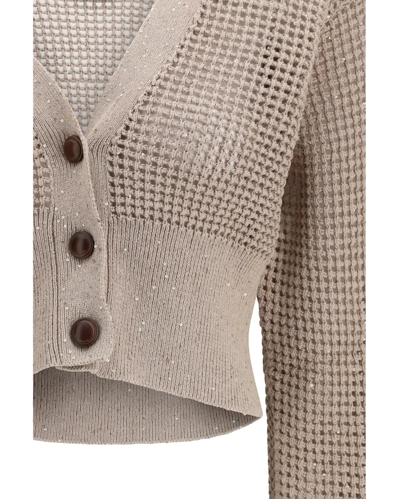Brunello Cucinelli Women's Cardigan Sequined Mesh Desert Cotton Sweater Beige