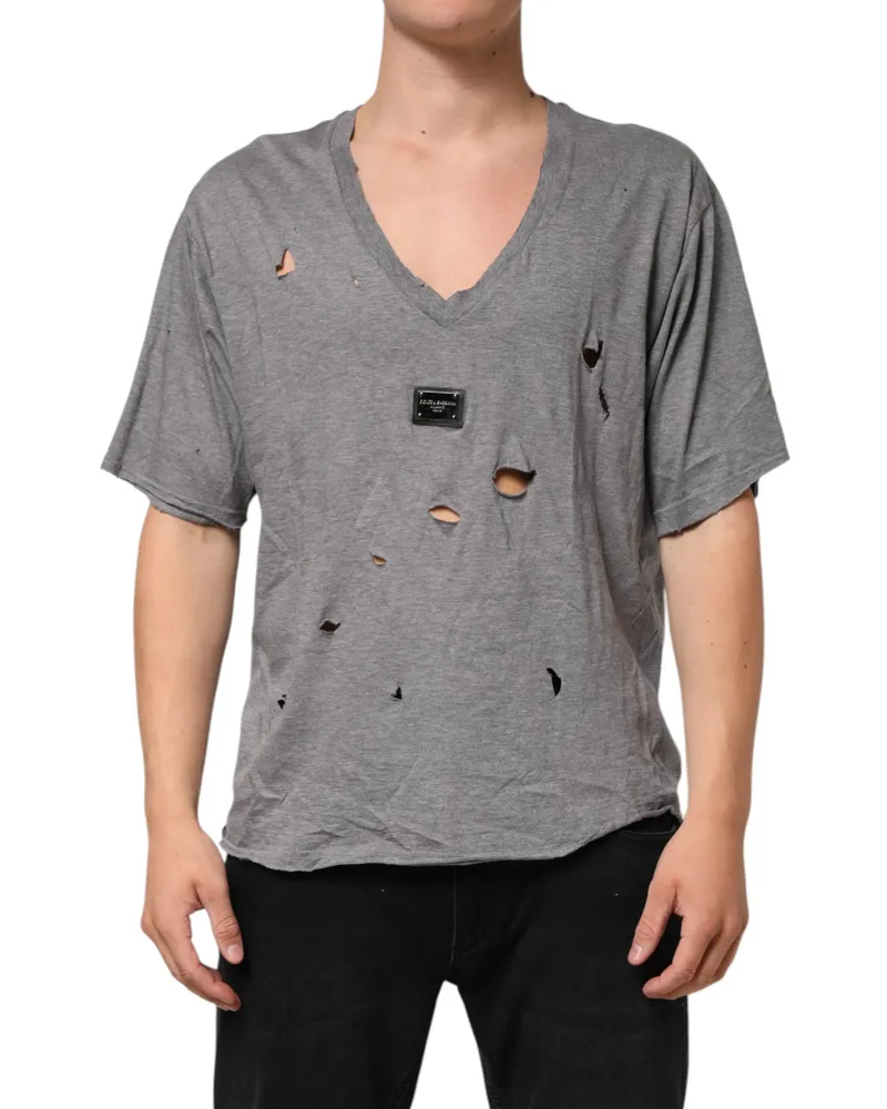 Dolce & Gabbana Distressed Cotton Logo Patch T-Shirt — Gray Gray