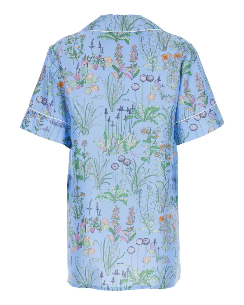 Gucci Women's Shirt With Cuban Collar — Light Blue Silk Blouses Blue