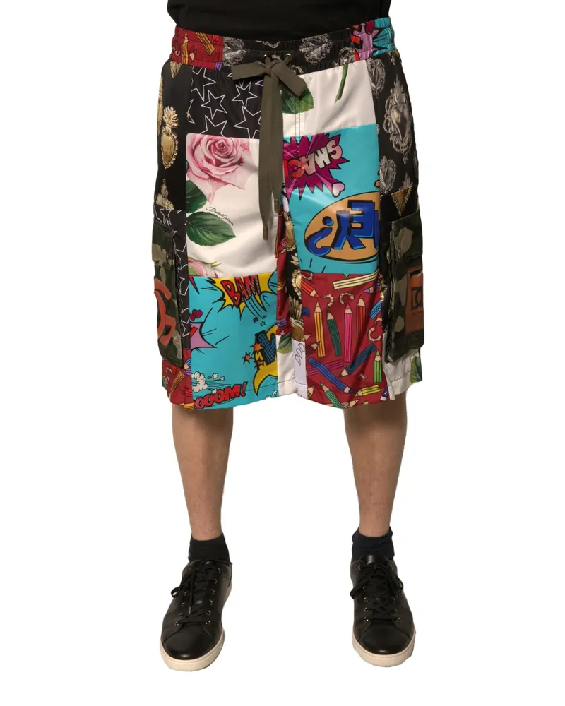 Dolce & Gabbana Men's Multicolor Patchwork Cargo Bermuda Shorts Polyester Cotton Multicolor