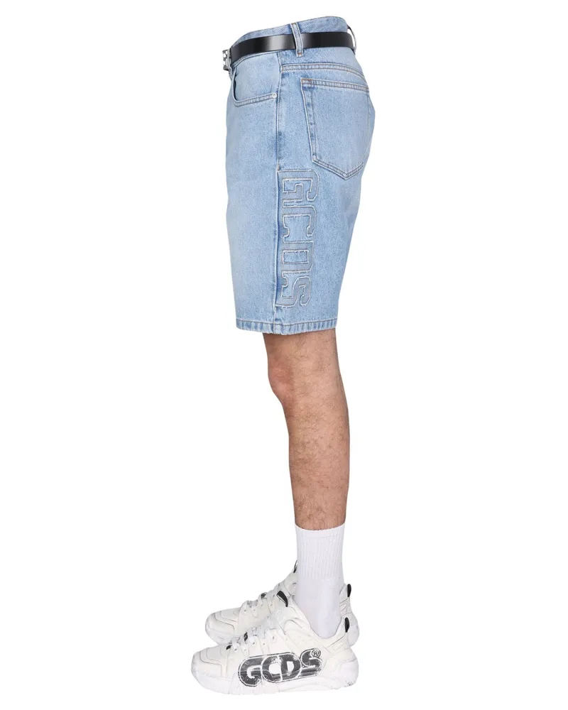 GCDS Logo-Embroidered Cotton Bermuda — Blue Blue