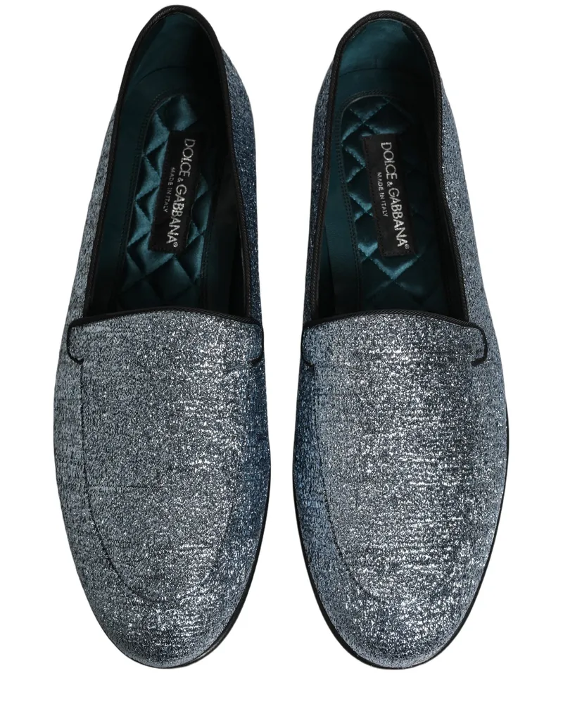 Dolce & Gabbana Men's Blue Glitter Lurex Dg Logo Dress Loafers Shoes Leather Blue