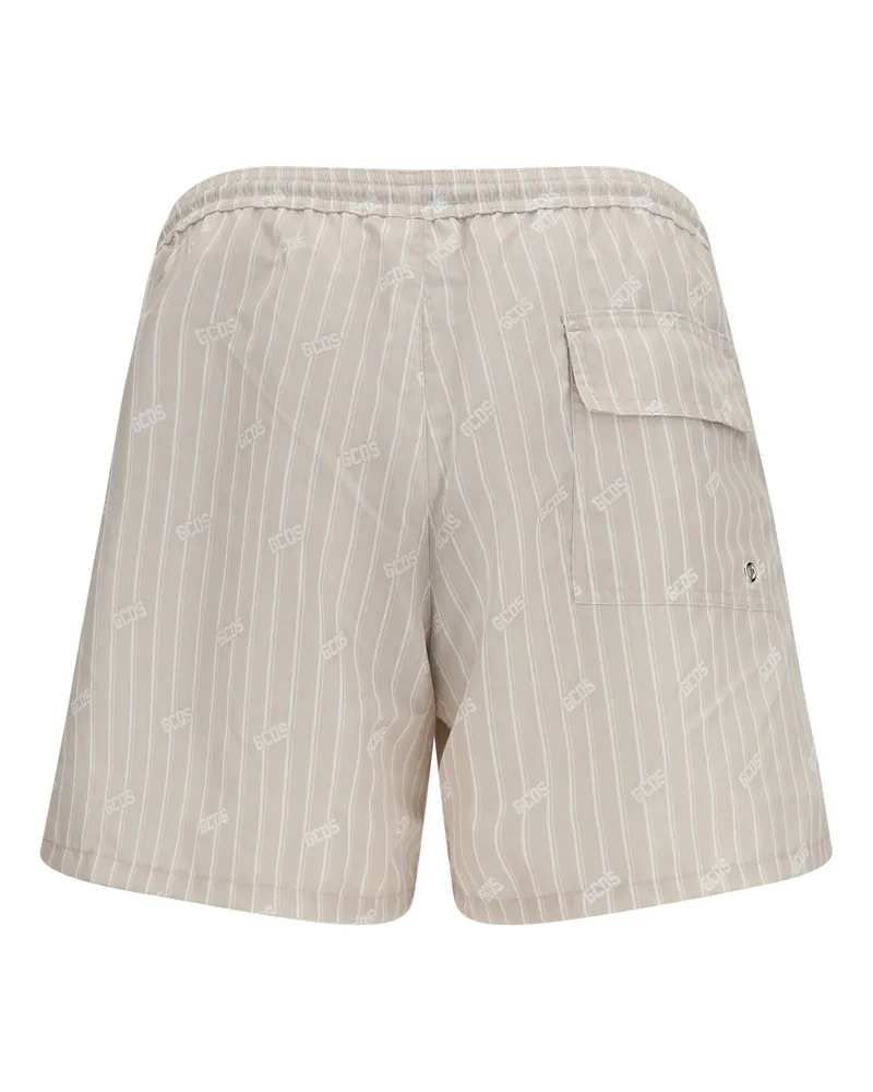GCDS Men Striped All-Over Logo Swim Shorts Sandshell-Bone Polyamide Swimwear Sandshell/bone Sea Clothing Sandshell