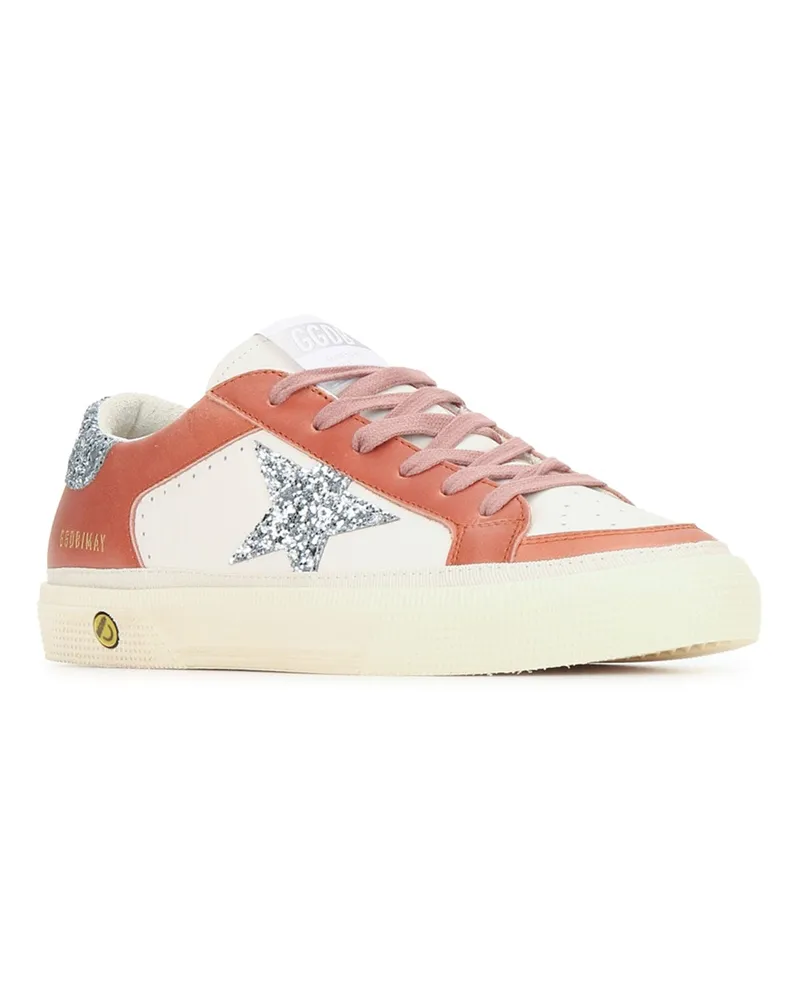 Golden Goose Women's May Leather Upper And Toe Glitter Star Heel Whitebordeauxsilver Sneaker Multicolor