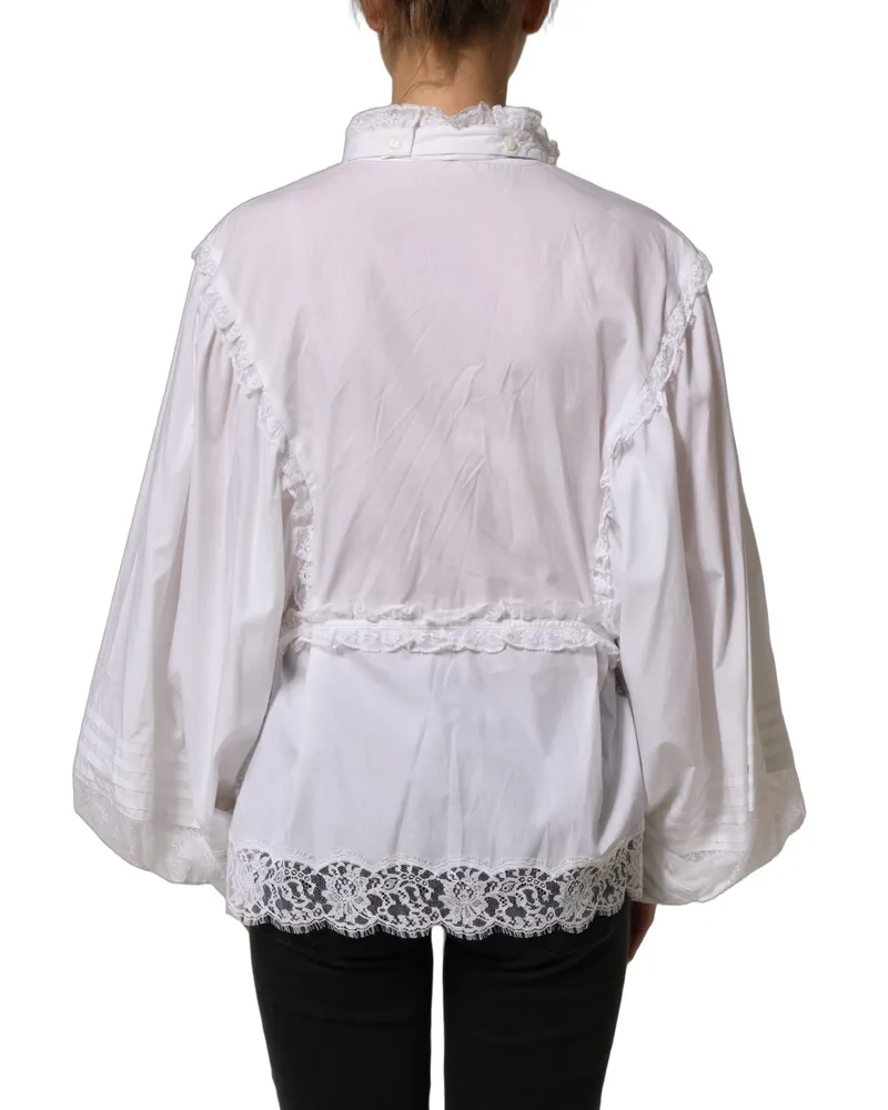 Dolce & Gabbana Women's White Ruffled Lace Embellished Blouse Top White