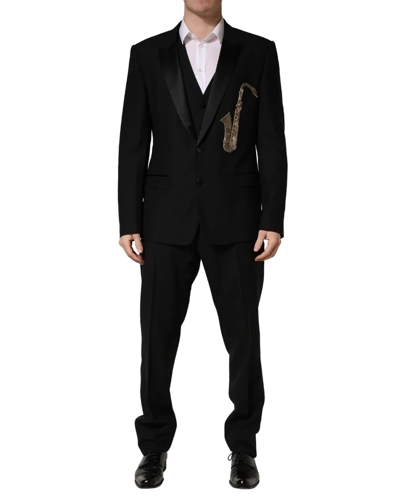 Dolce & Gabbana Wool Silk Saxophone Appliqué Pant Suit — Black Black