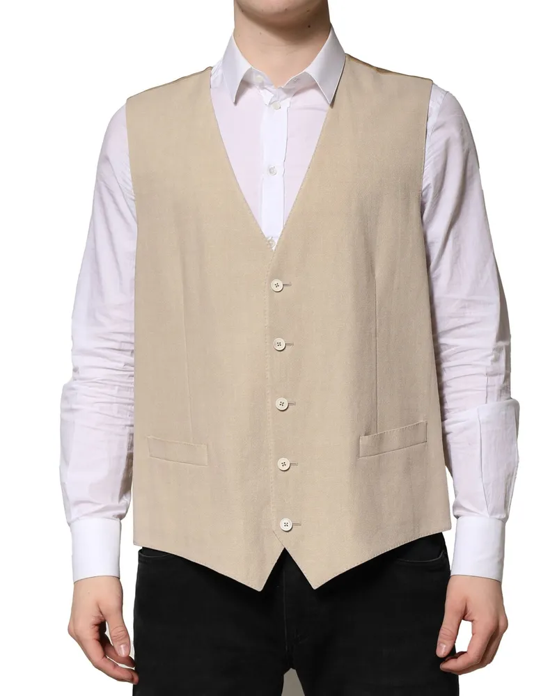 Dolce & Gabbana Beige Linen Dress Formal Men Waistcoat Vest Viscose Beige