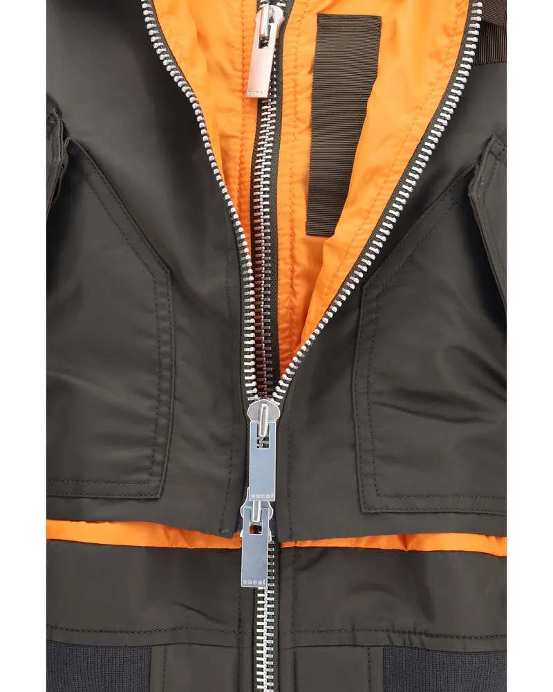 Sacai Women's Jacket Double-Zip Nylon Dark Khaki Gray