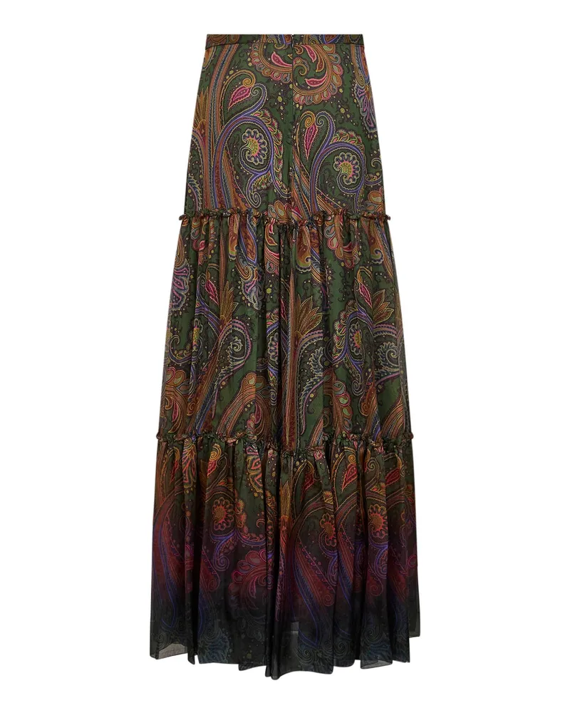 Etro Women's Skirt Tiered Silk-Chiffon Maxi Paisley Multicolour Green