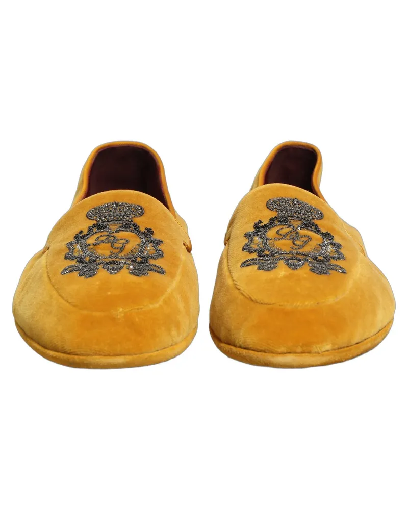 Dolce & Gabbana Men's Yellow Velvet Crown Embroidery Loafers Shoes Black Leather Yellow