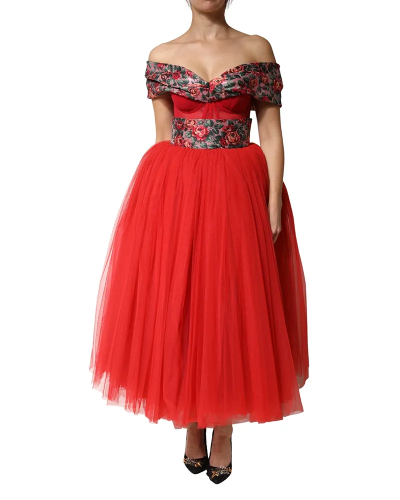 Dolce & Gabbana Women's Red Floral Off Shoulder A-Line Gown Dress Red
