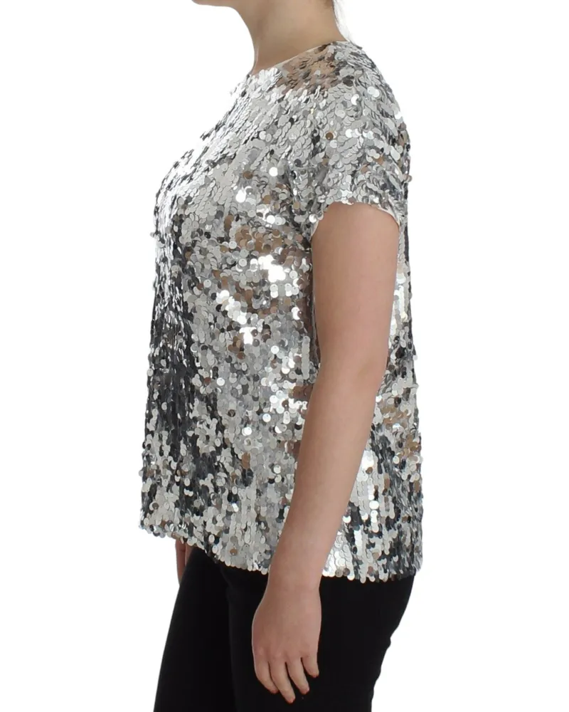 Dolce & Gabbana Women's Silver Sequined Crewneck Blouse T-Shirt Top Polyester Silver